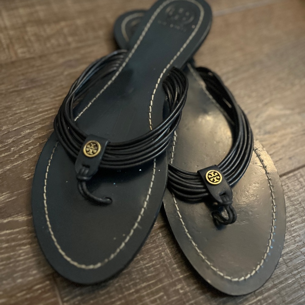 Navy Tory Burch Sandals with Logo Accent